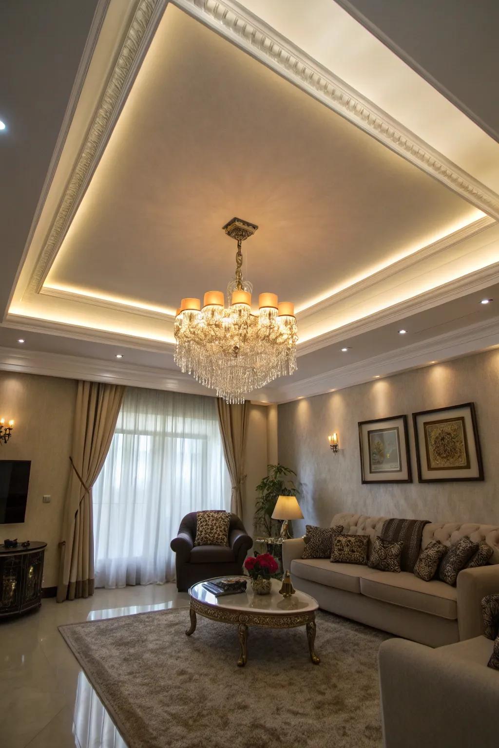 A living space boasts a striking double tray ceiling and layered lighting.