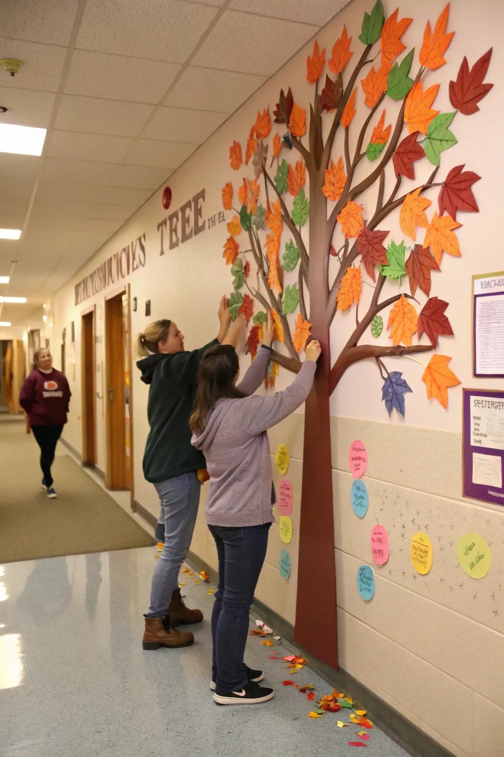 An interactive kindness tree bulletin board encouraging kind actions.