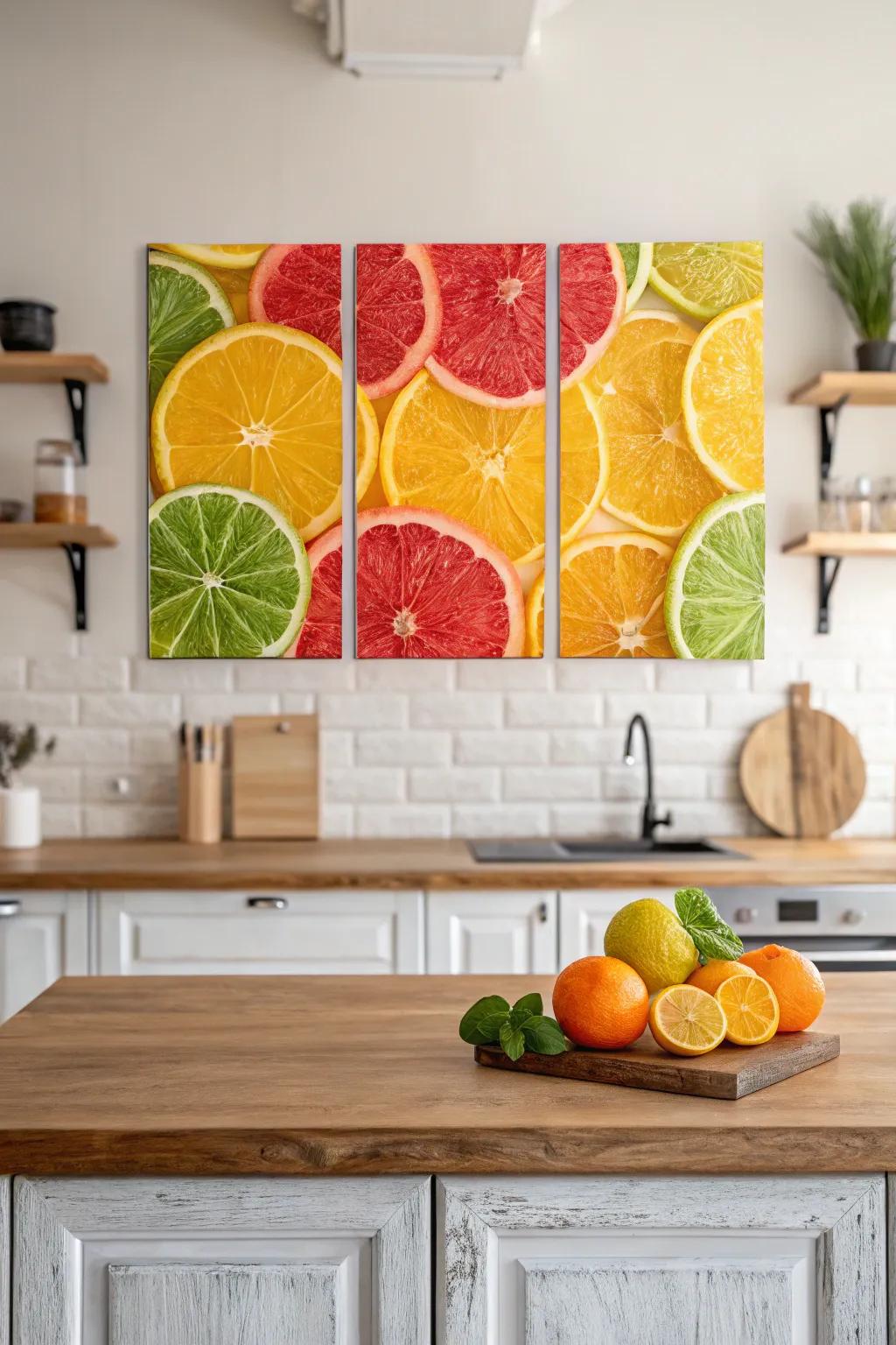 Fruit slices in a bright triptych perfect for your cooking area.