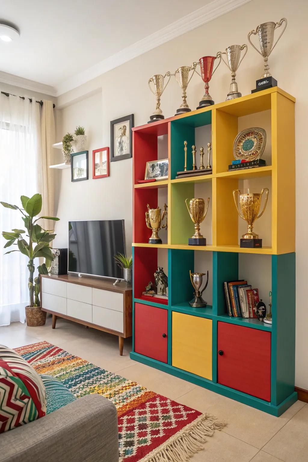 Trophy shelf with color coordination