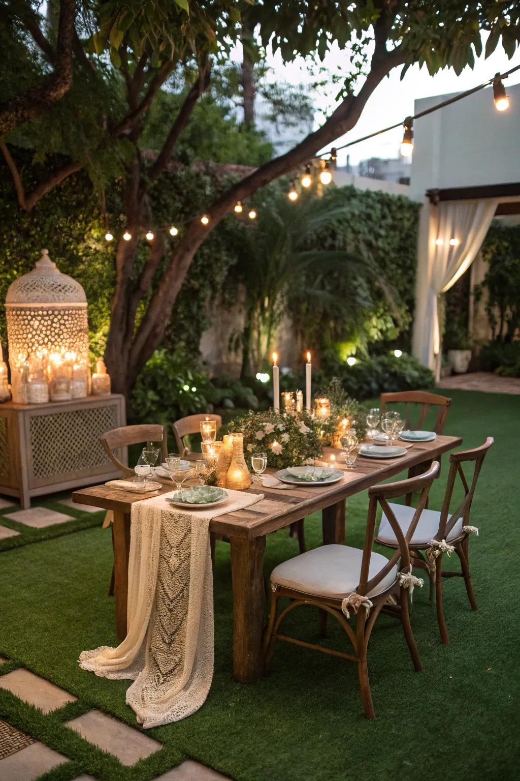 A captivating culinary arrangement on a synthetic lawn patio.
