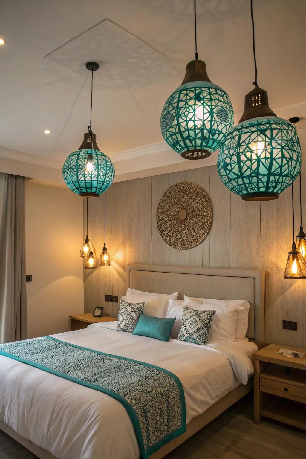 Turquoise illumination infuses this bedroom with a radiant and inviting luminescence.