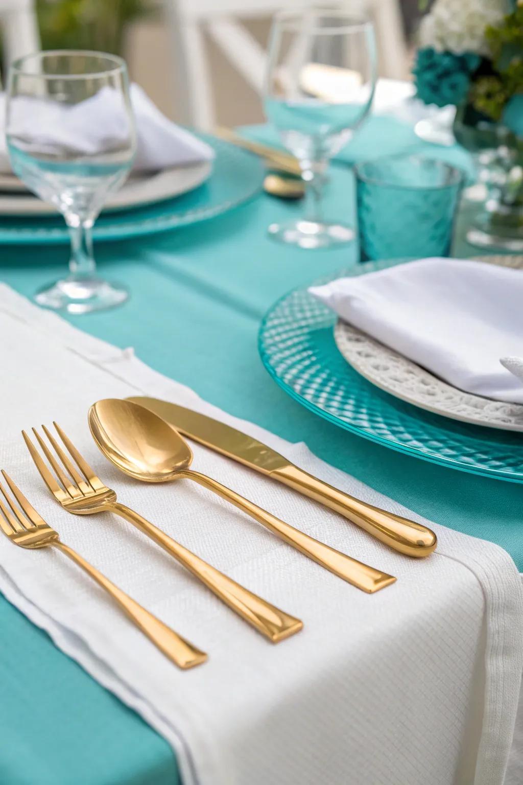 Gilded utensils grant a sumptuous element to the azure motif.