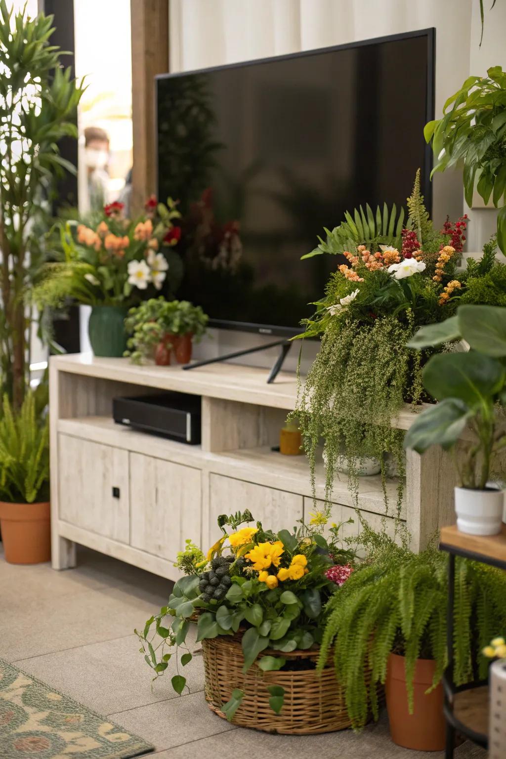 Inherent elements such as botanicals displayed on a media console.