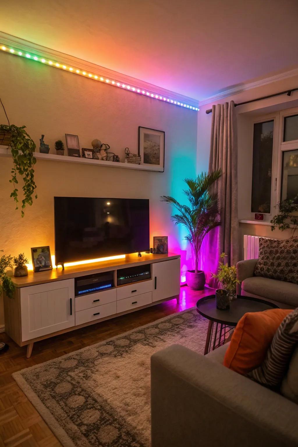 A TV wall enhanced with colorful LED ambient lighting.