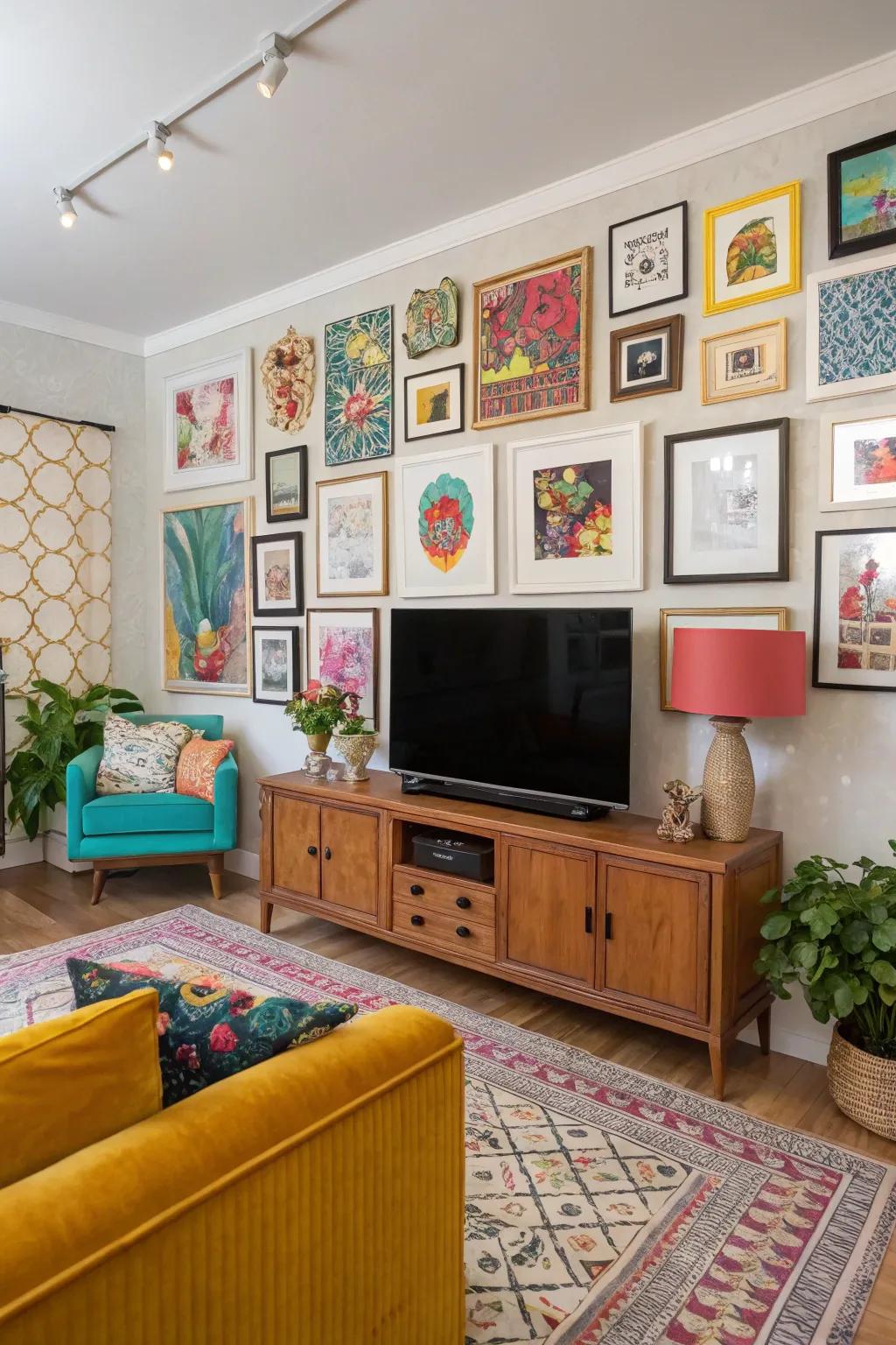 Exuberant maximalist approach exhibited via an animated TV gallery display.