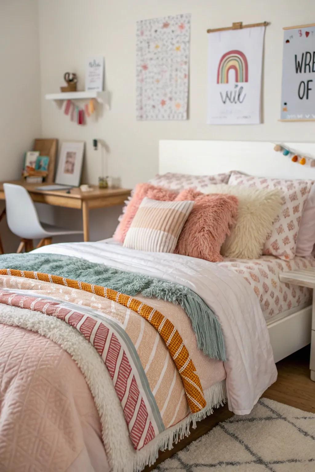 Embossed fabrics fashion a snug, layered semblance that's both chic and inviting.