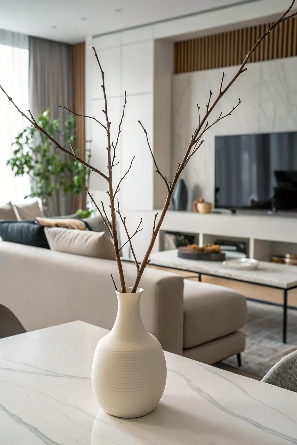 A minimalist configuration of branches within a porcelain carafe.