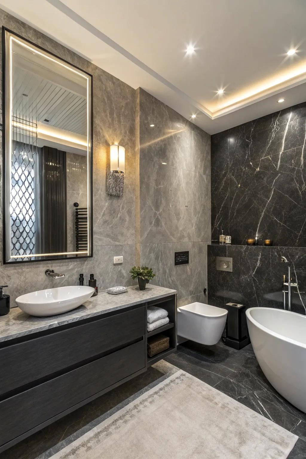 A polished charcoal and silver two-tone wall scheme displaying contemporary elegance.