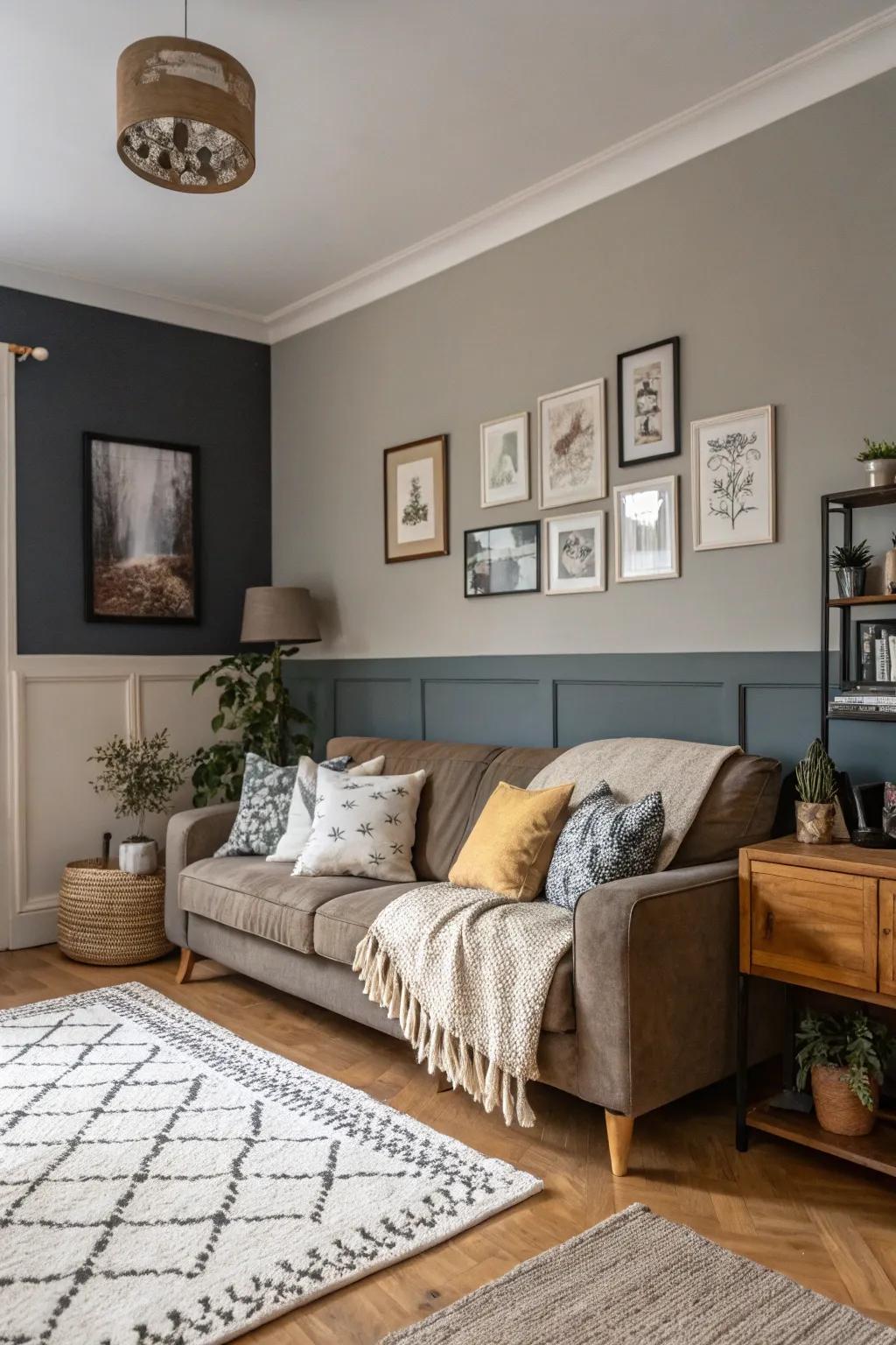 Sophisticated living space featuring graceful pewter tones.
