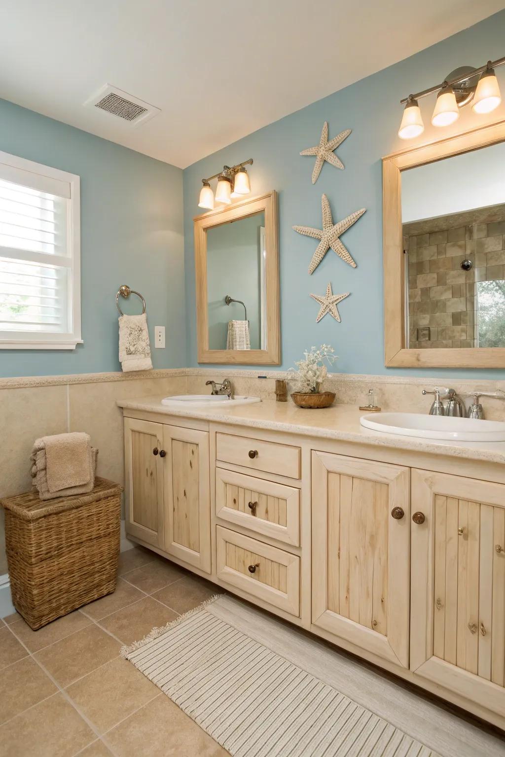 Bathroom featuring a coastal-themed two-toned wall.