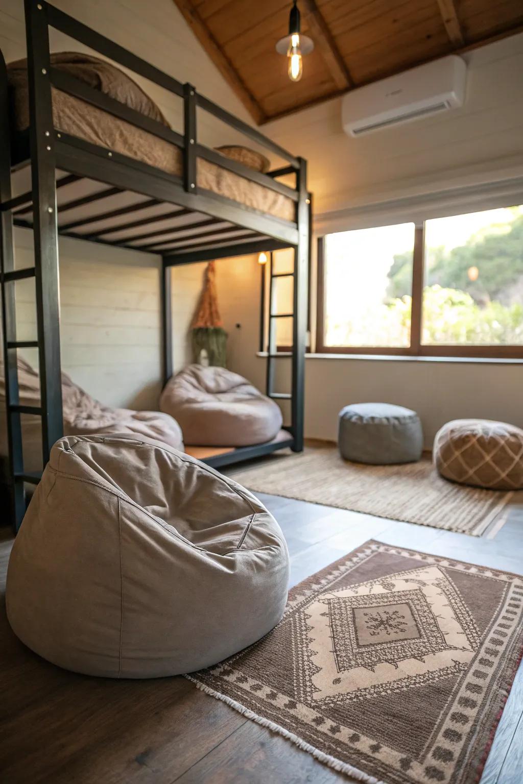 A comfortable relaxation zone underneath the bunk bed.