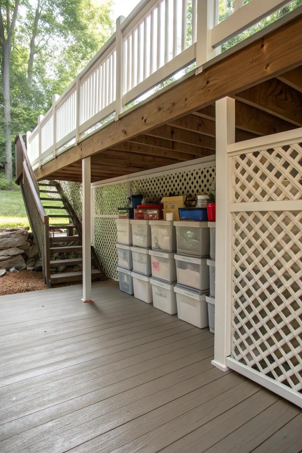 Lattice surrounds offer both flair and utility for simple storage entry.