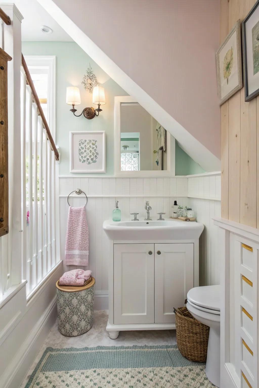 A below-stairs washroom with a light color palette for an open and inviting feel.