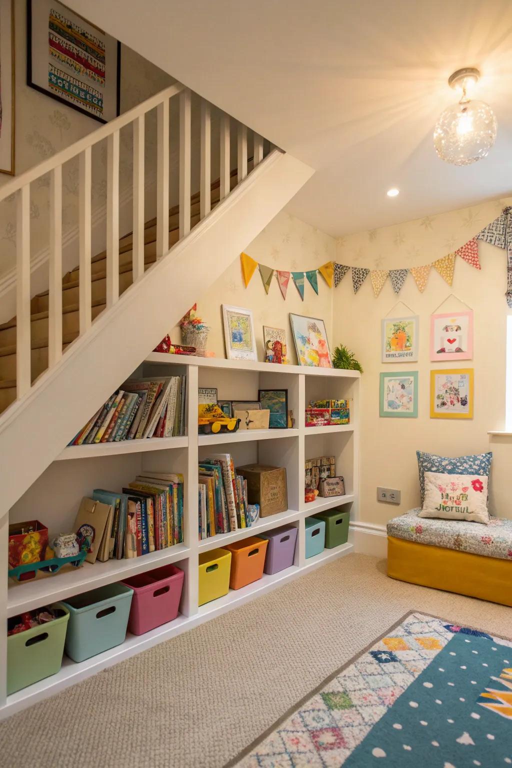 A vibrant and well-organized children's storage space.
