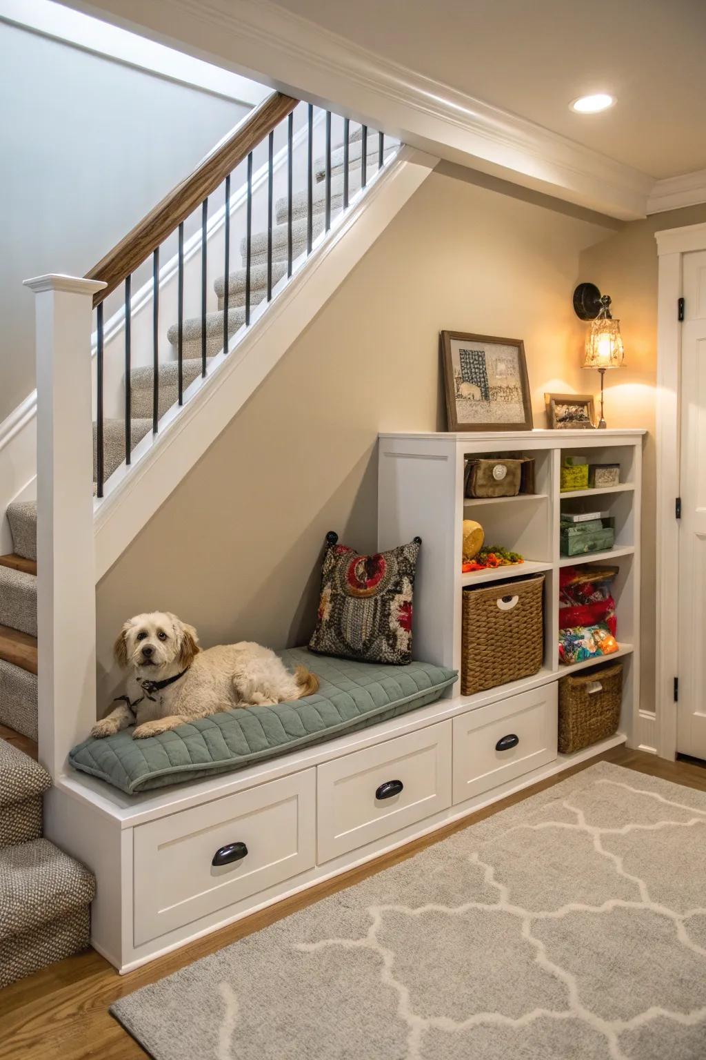 A pet sanctuary nestled under the staircase exemplifies thoughtful spatial utilization.