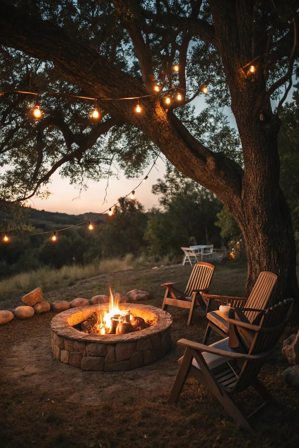 A fire pit constructs a cozy and welcoming heart beneath the tree.