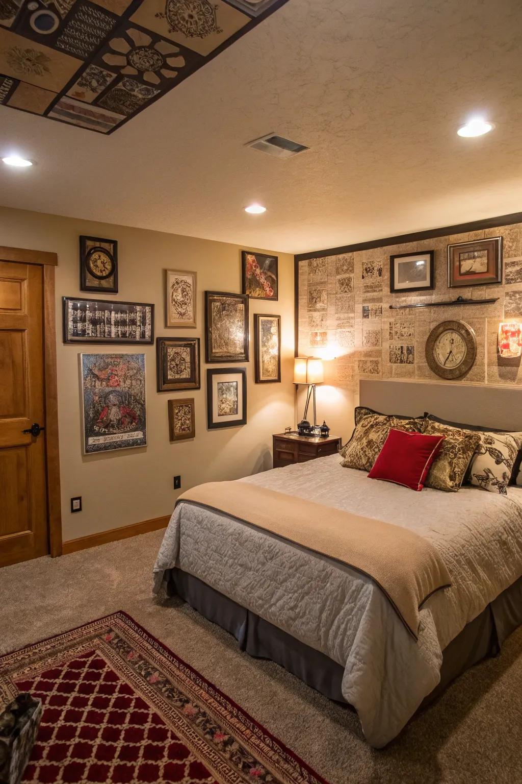 Art and panels can inject personality and vibrancy into your basement bedroom.