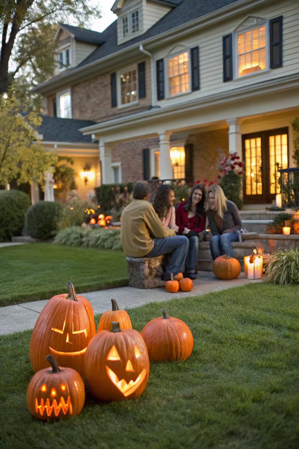 A charming miniature scene sculpted from pumpkins depicting a family gathering.