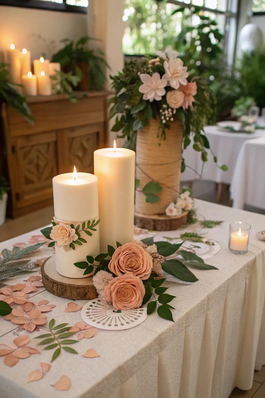 Ornamental paper blooms and foliage contribute playfulness to this unity candle platform.