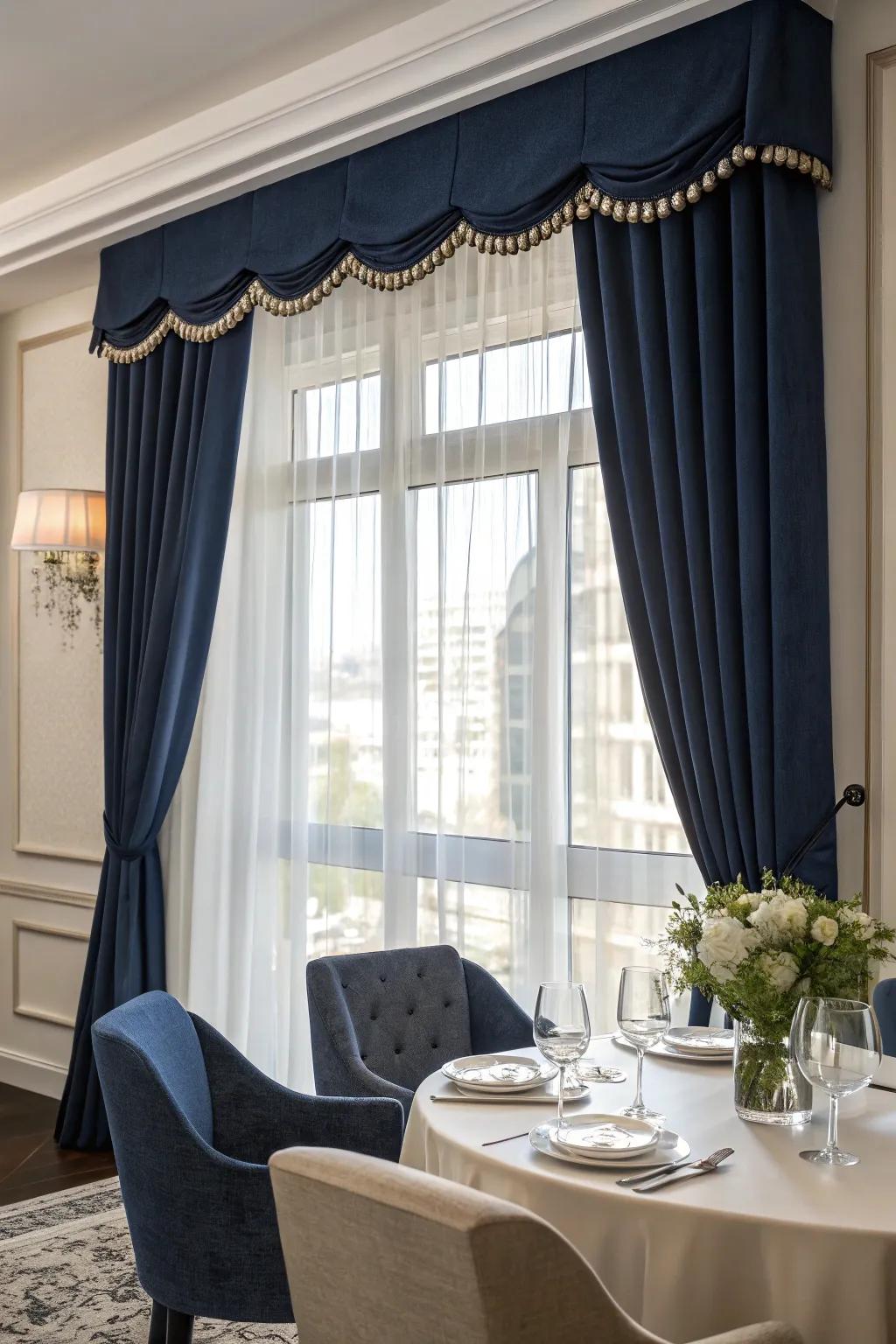 A window showcasing an audacious marine blue valance within a chic dining room.