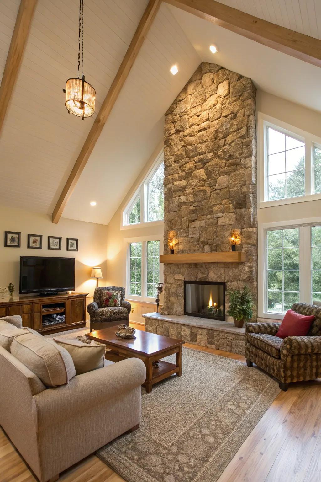 Living room featuring a vaulted ceiling and a natural rock accent wall