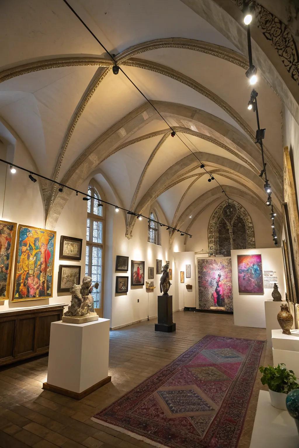 Accent lighting enhances both artwork and architectural features.