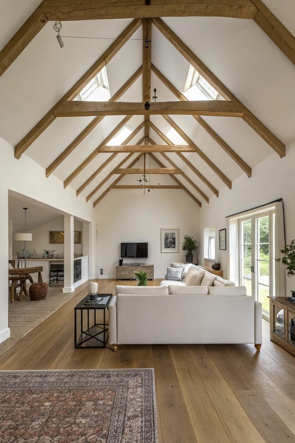 Achieving modern simplicity through narrow overhead supports featured on a vaulted ceiling.