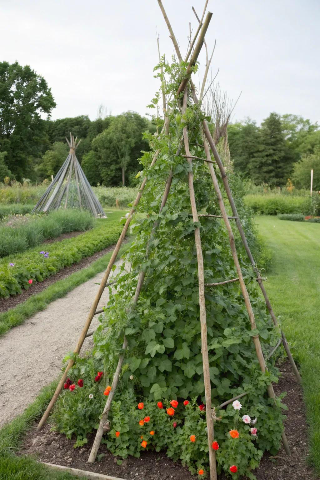 Teepee supports offer a whimsical touch to your garden landscape.