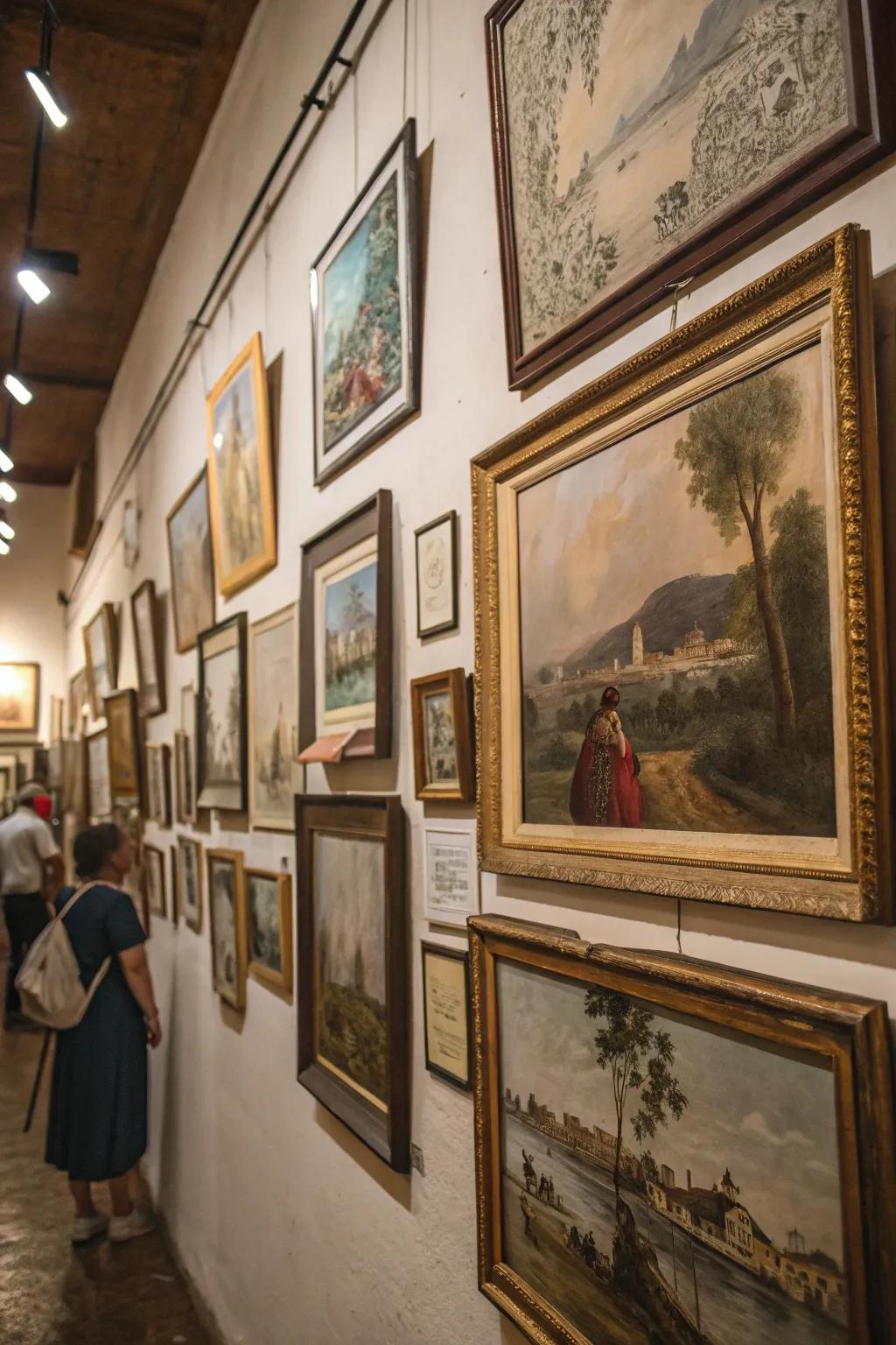 A wall elegantly decorated with antique artwork and historical paintings.