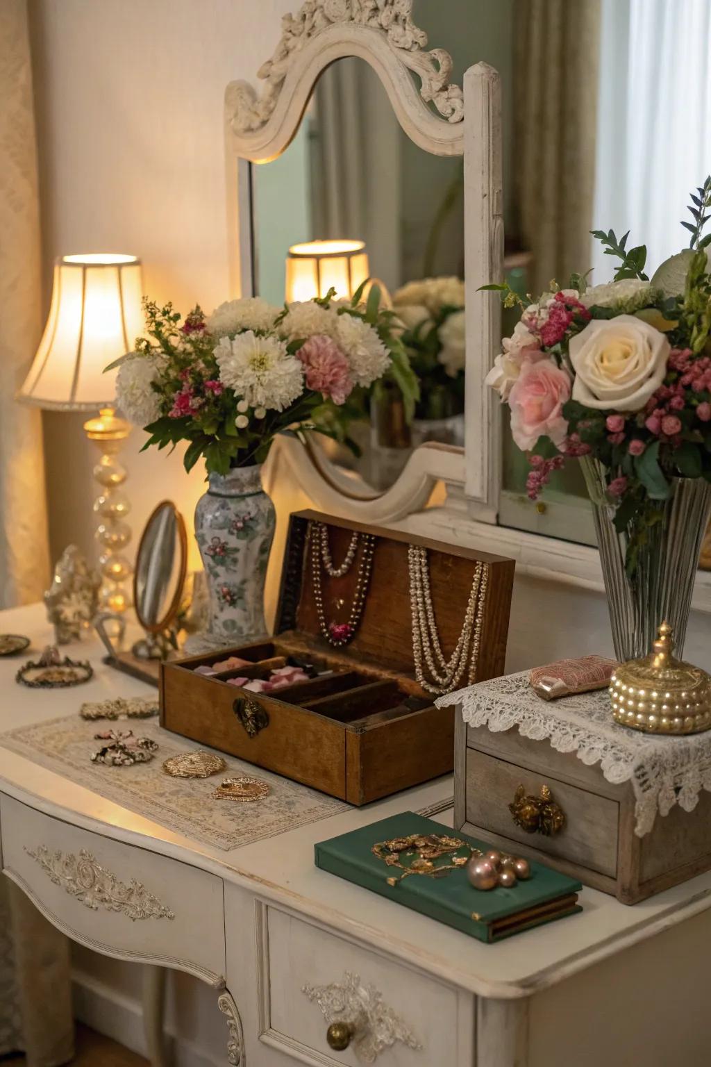 Yesteryear accessories such as trinket repositories and lamps amplify the genuineness of your dressing table.