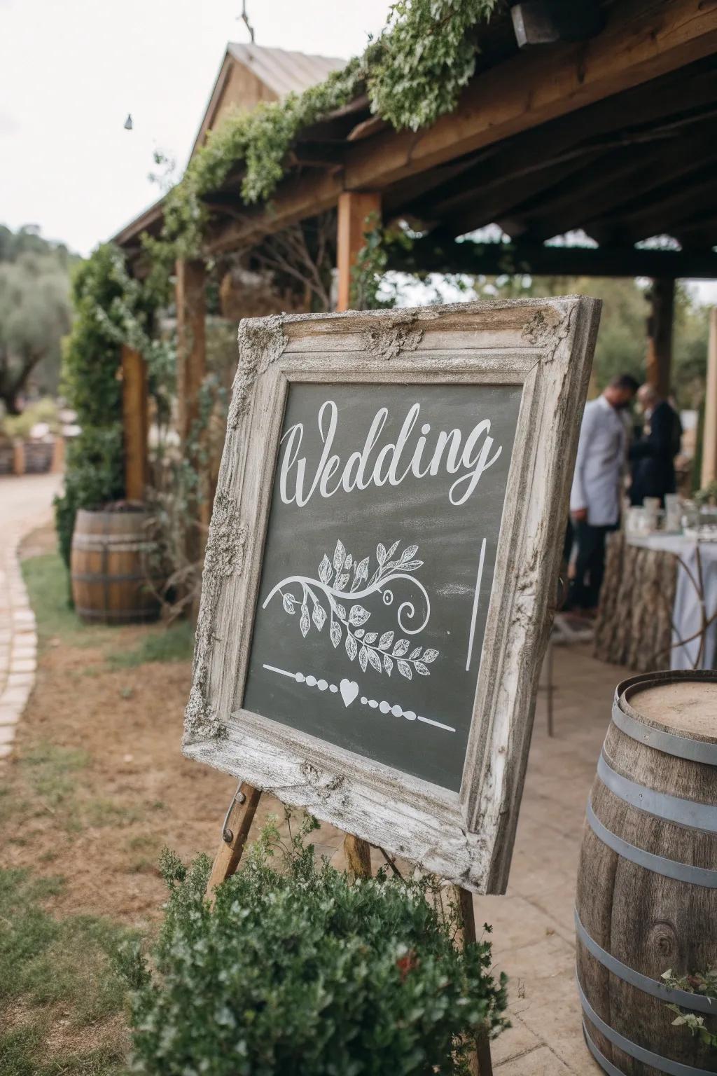 A heritage border showcases wedding signage at a rustic venue.