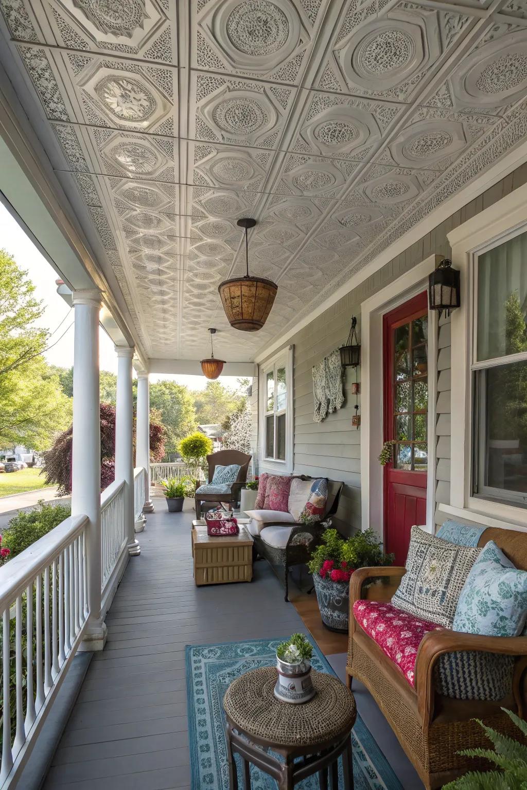 Blending vinyl textures enriches porch ceilings with depth and appeal.