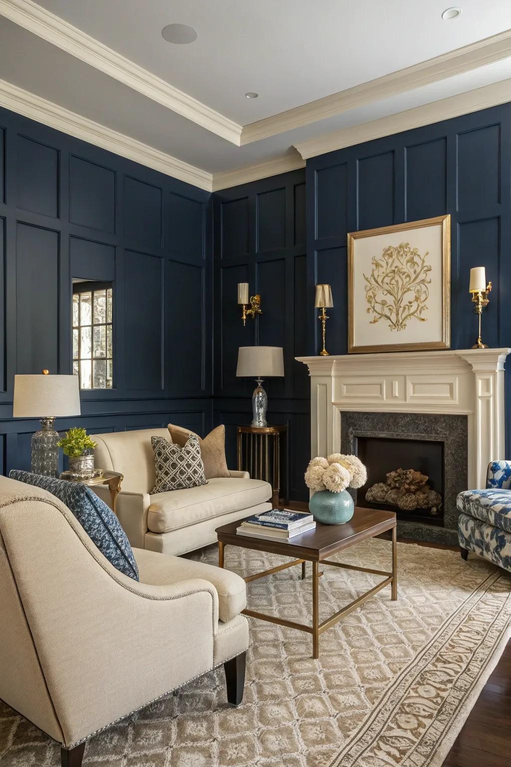 A parlor showcasing contrasting naval paneling and creamy walls.