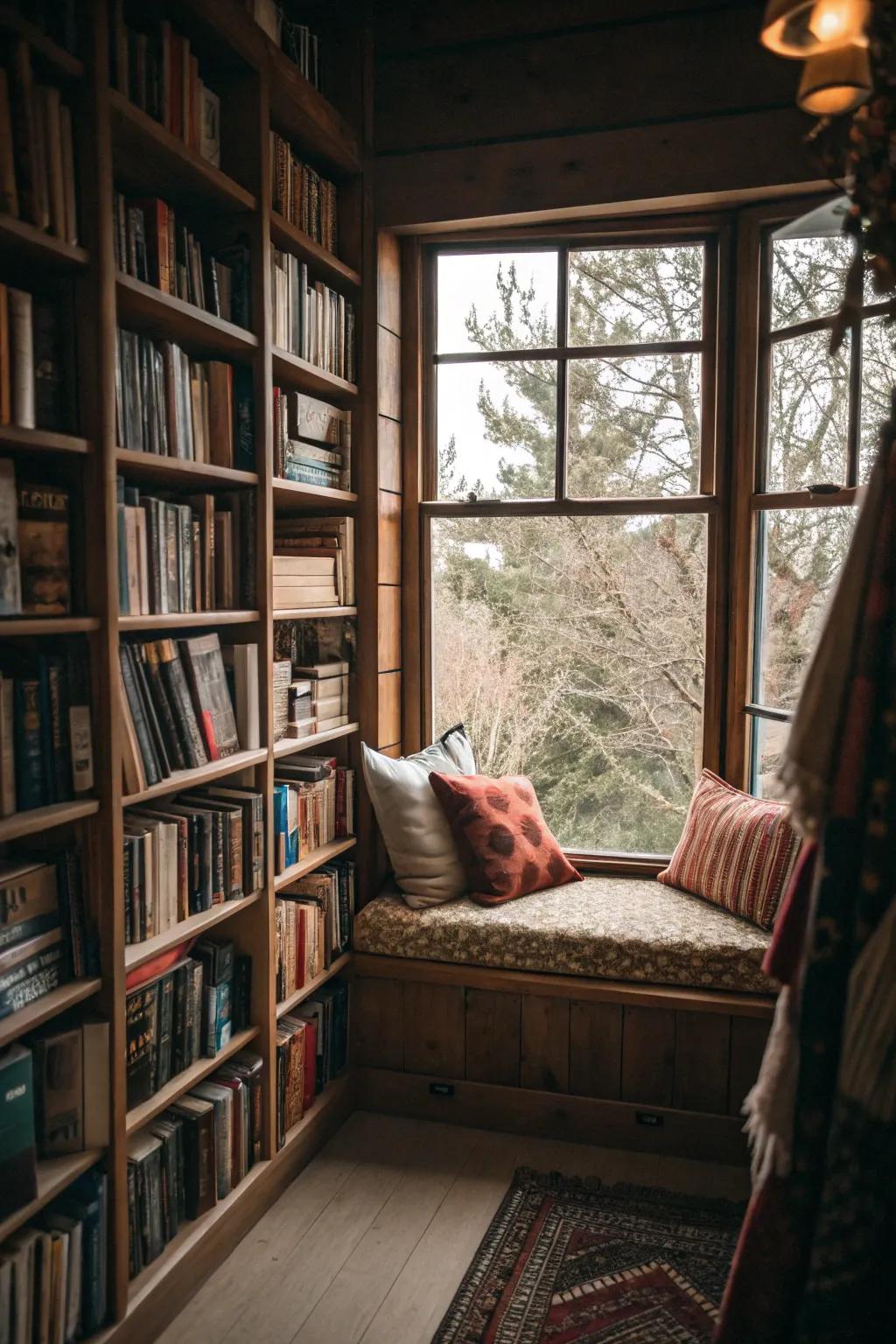A window seat complemented by flanking bookshelves constitutes an ideal reading recess.