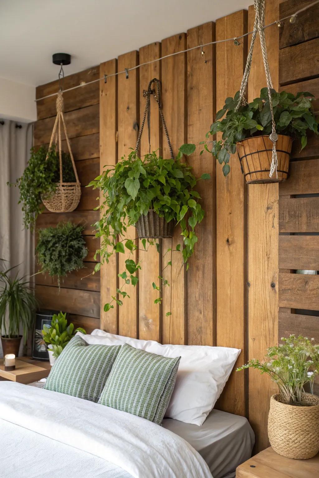 Rural timber and greenery add natural charisma to the bedroom.