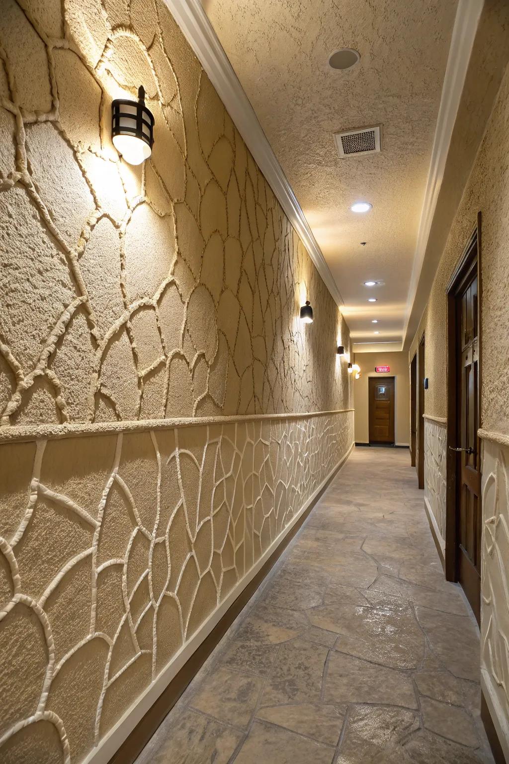 A textured spongy finish enriches a hallway wall.