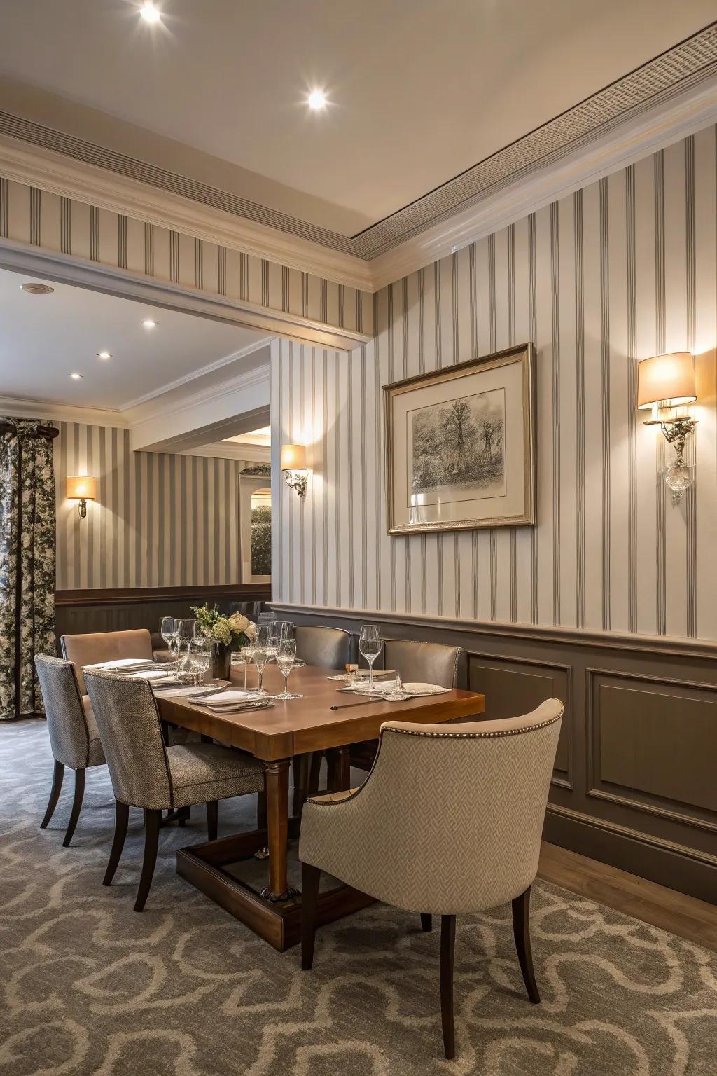 A refined dining space accentuated by a ribboned wallpaper border.