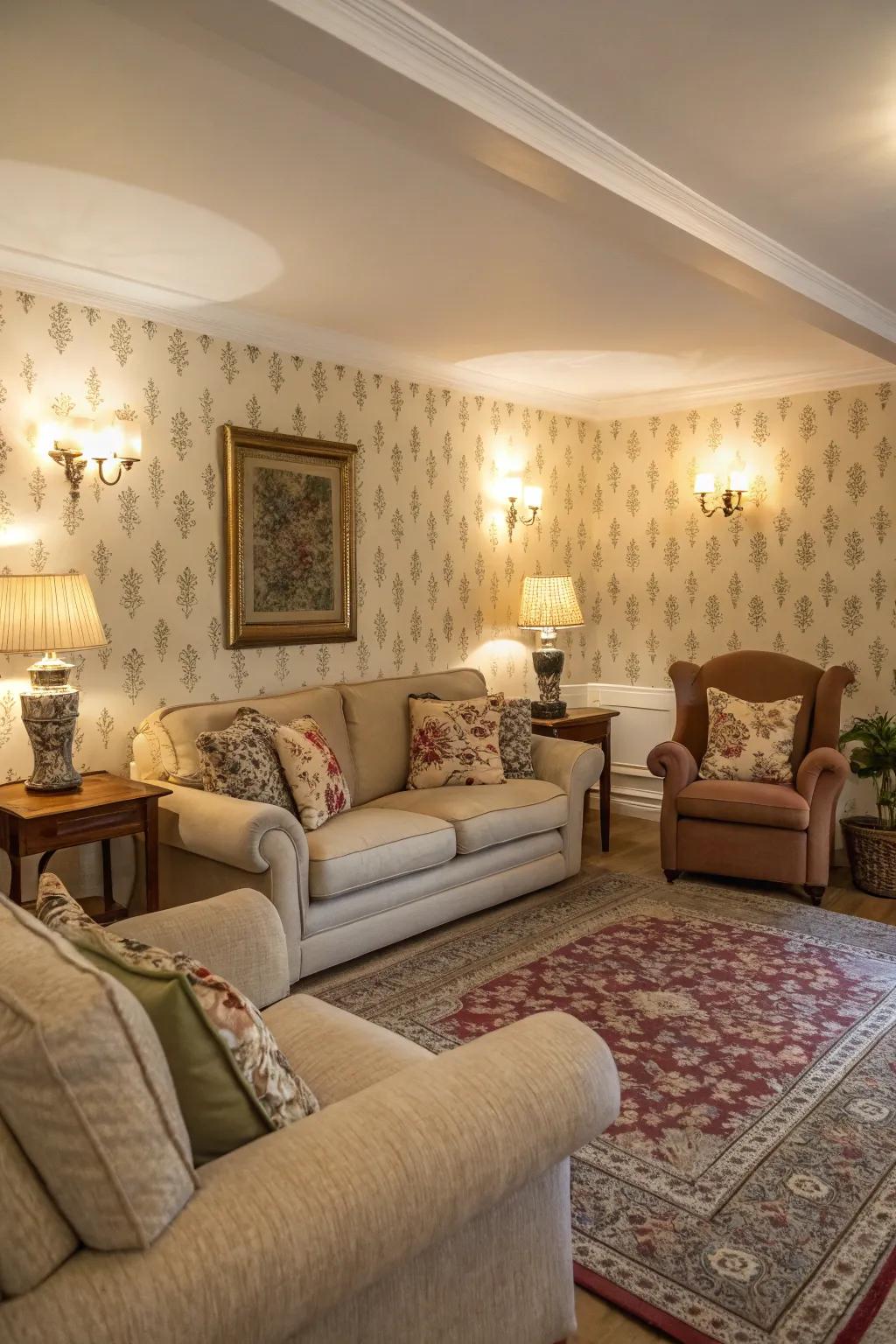 Amplify warmth with alluring furnishings that enhance your wallpaper.