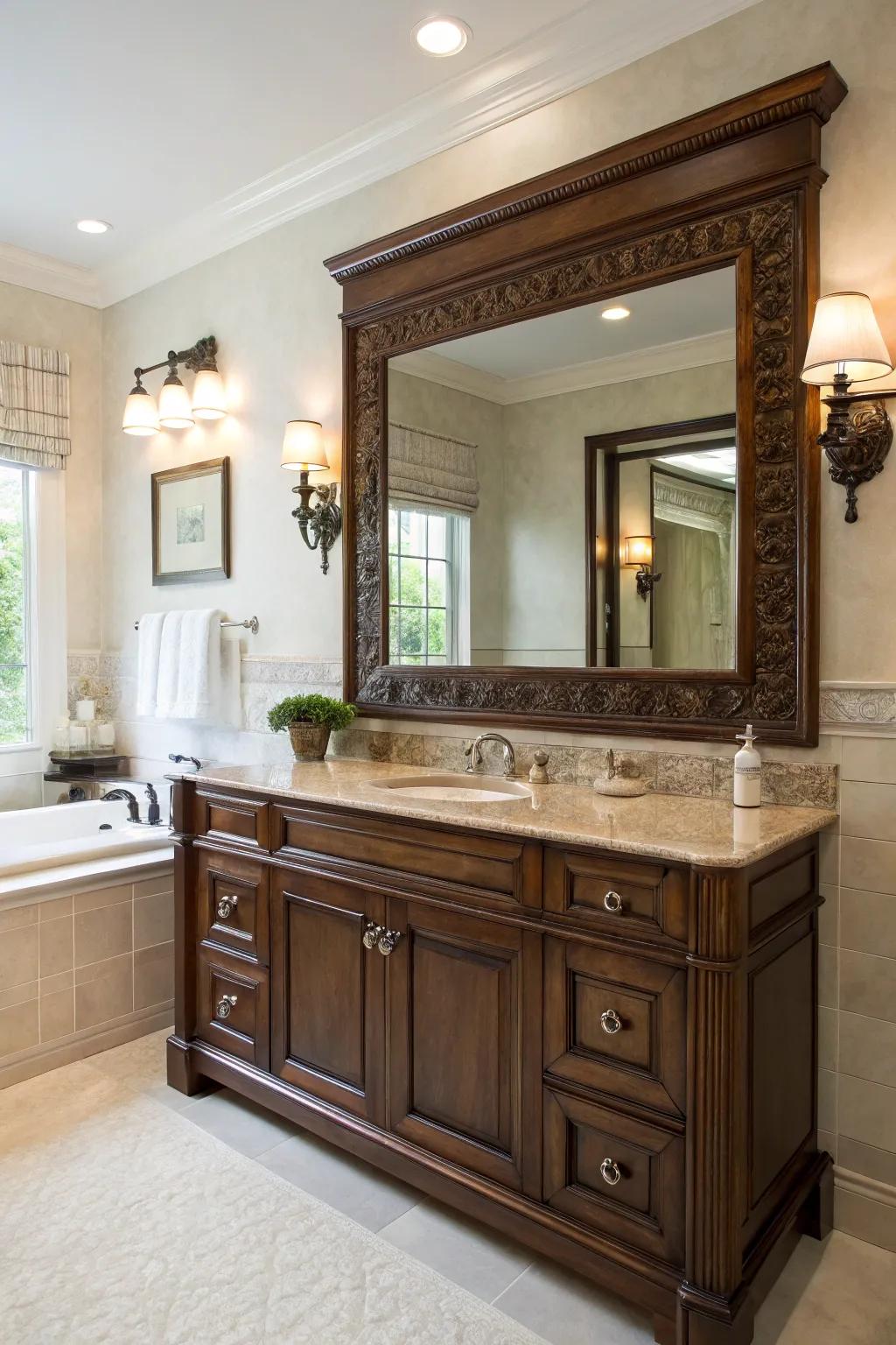 Enhance your bathroom's aesthetic with a captivating ornamental mirror.