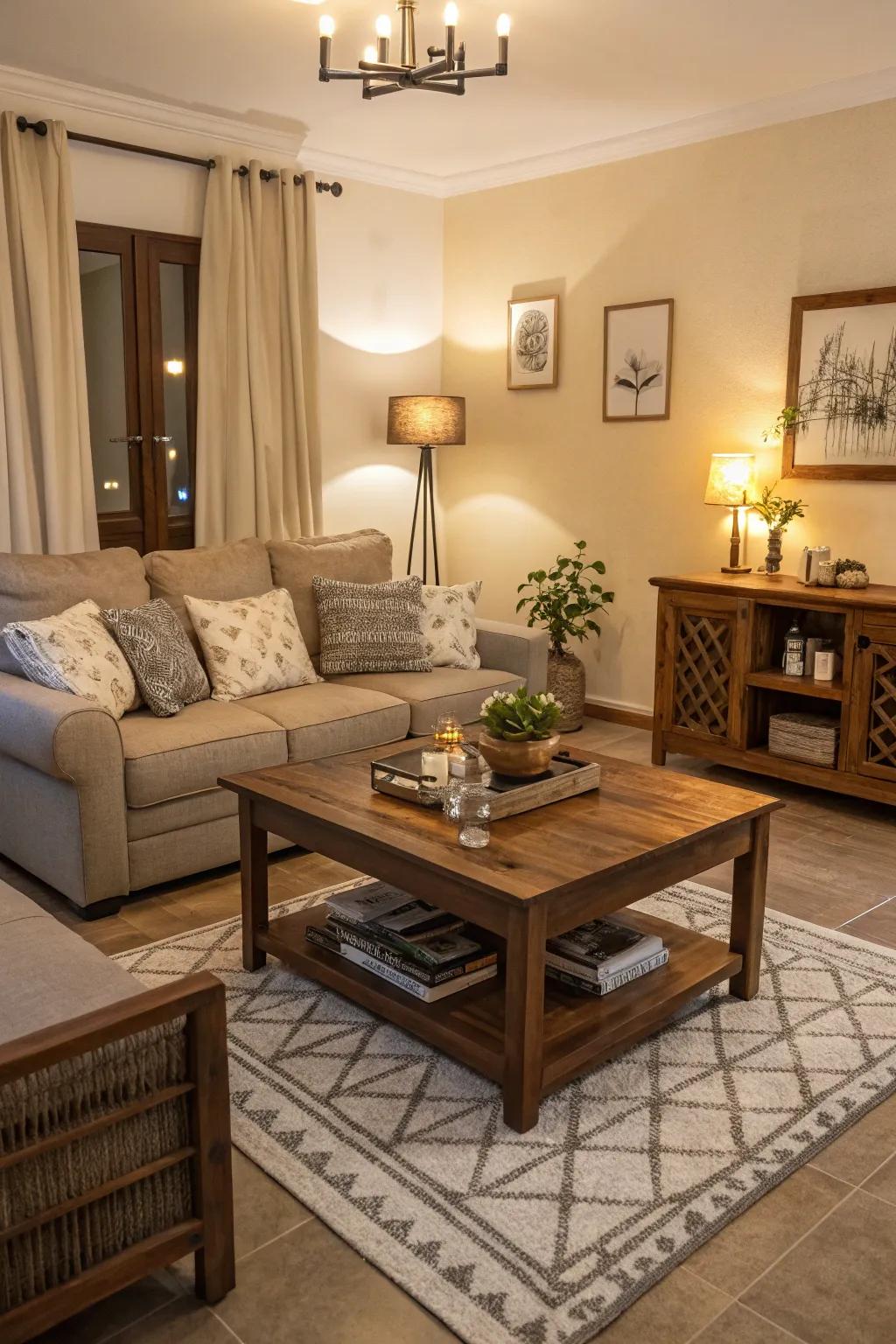 Useful furniture balances flair and practicality in a living room.