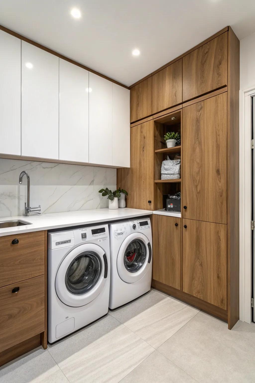 Astute utilization of a culinary corner to house a washer and dryer arrangement.
