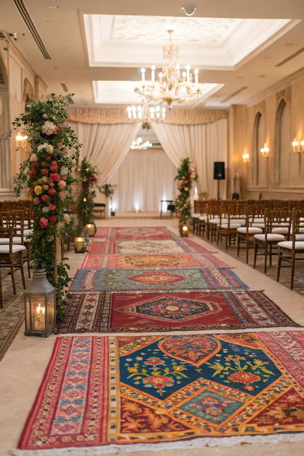 Vintage rugs contribute warmth and flair to a wedding ceremony.
