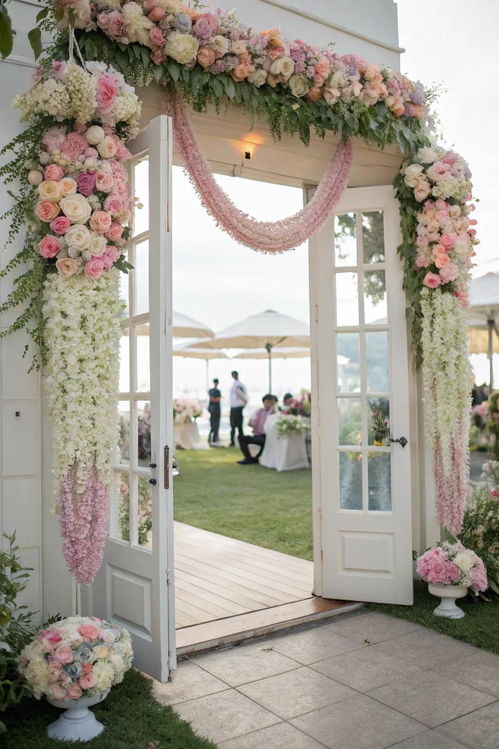 Unexpected floral adornments gracing doorframes and featured in suspended installations, fashioning an indelible wedding experience.