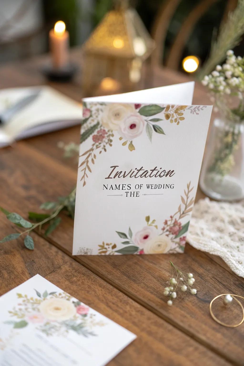 A personalized invitation featuring calligraphic appellations and date.