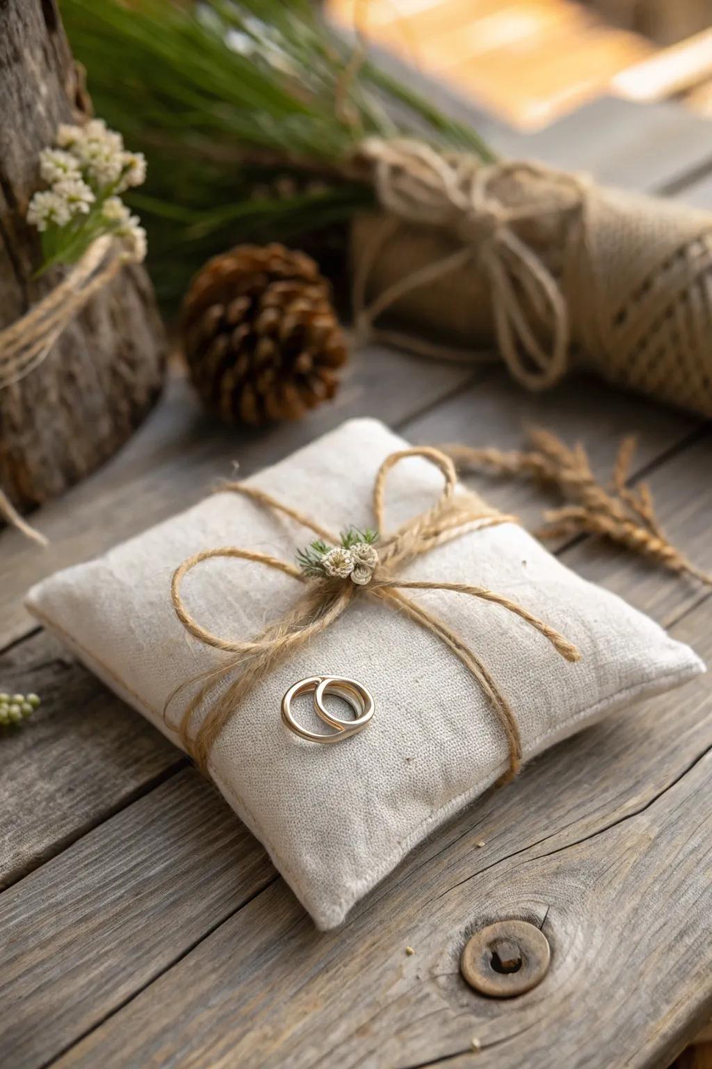 A minimalist genuine linen ring bearer cushion featuring string.