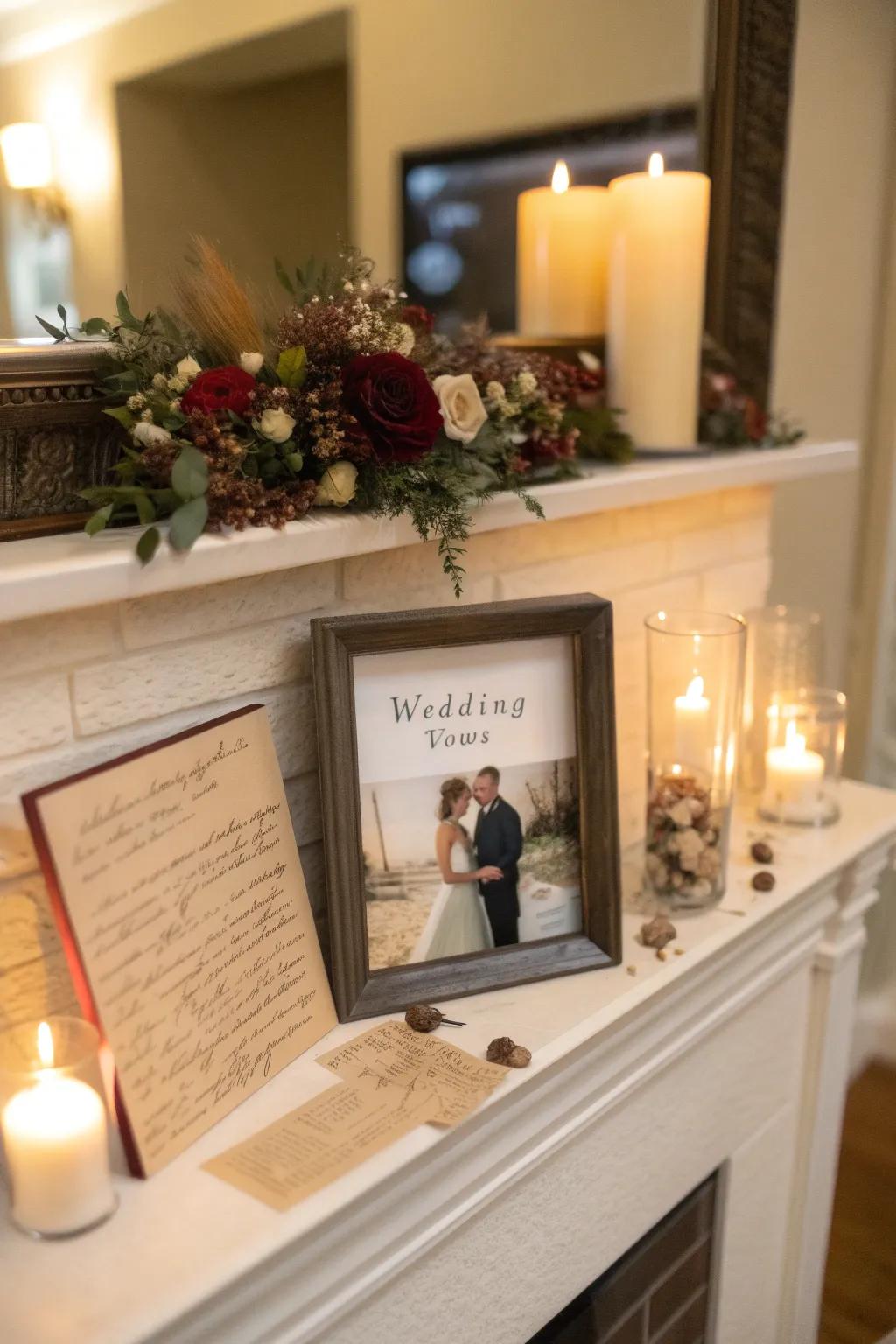 A dimensional display safeguarding vows and wedding keepsakes.