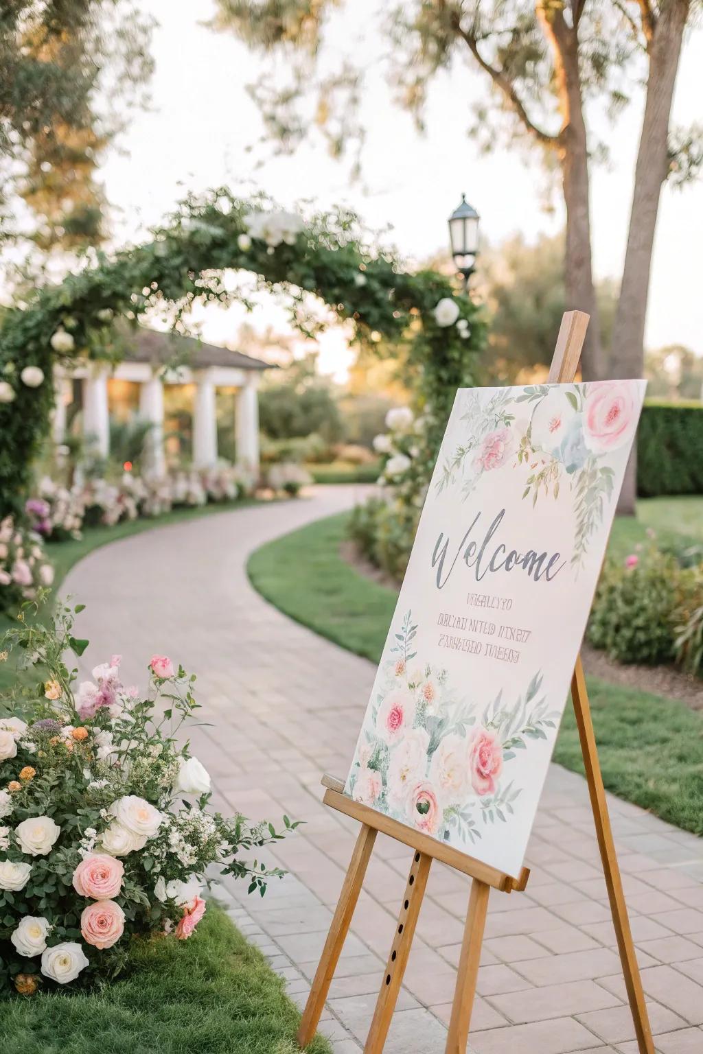 A whimsical aquarelle greeting plaque with pastel hues, suitable for a garden wedding.