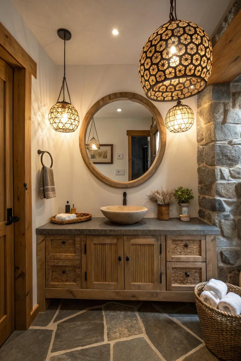 Distinctive mirrors and lighting add style to this Western bathroom.