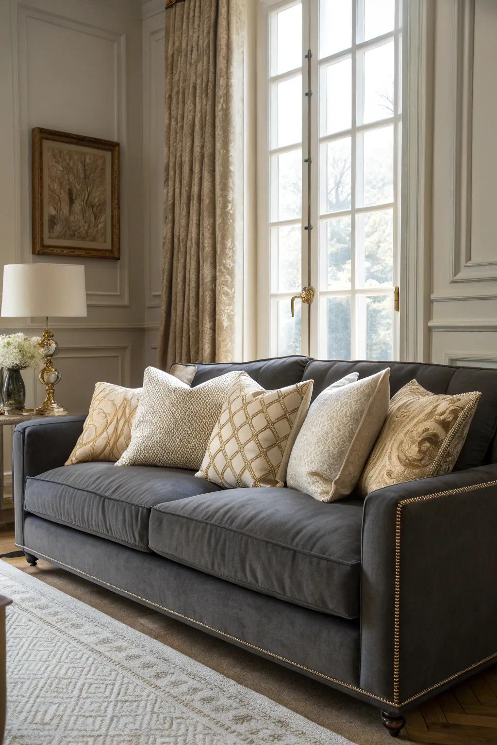 Neutral cushions in sand and ivory create a sophisticated look on a dark grey sofa.